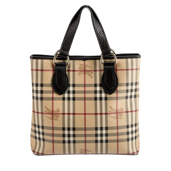 Burberry Onslow Haymarket Plaid Top Handle Tote Beige Brown